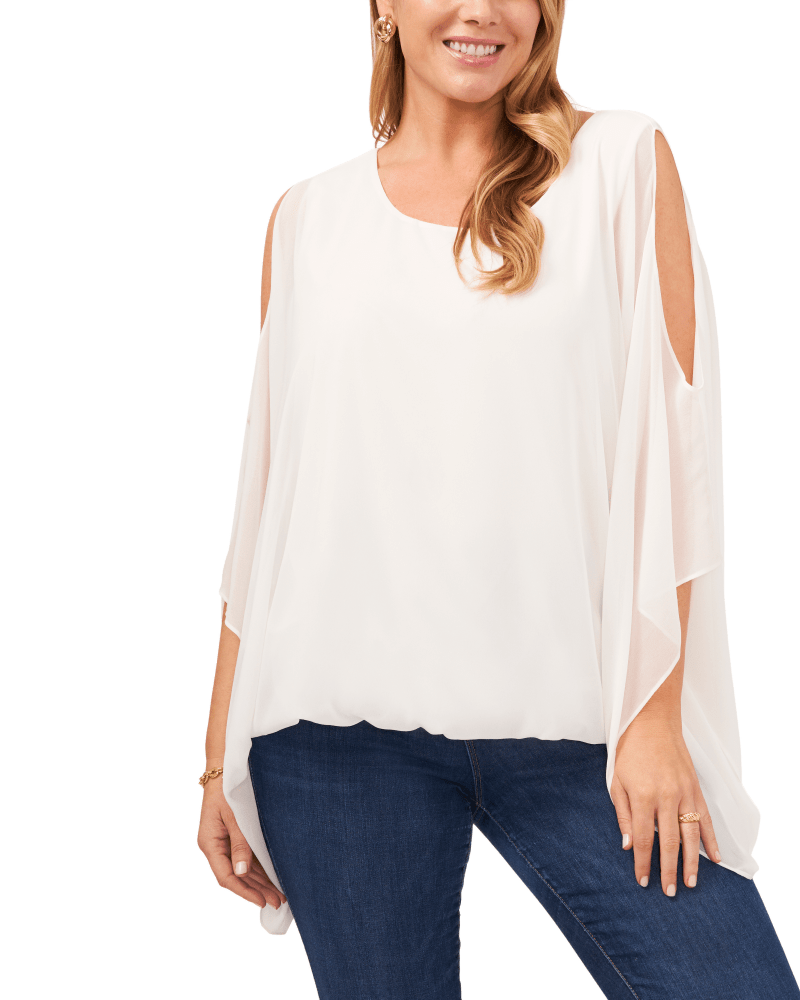 Front of a model wearing a size 1X Zoey Chiffon Blouse in 103-NEW IVORY by Vince Camuto. | dia_product_style_image_id:261003